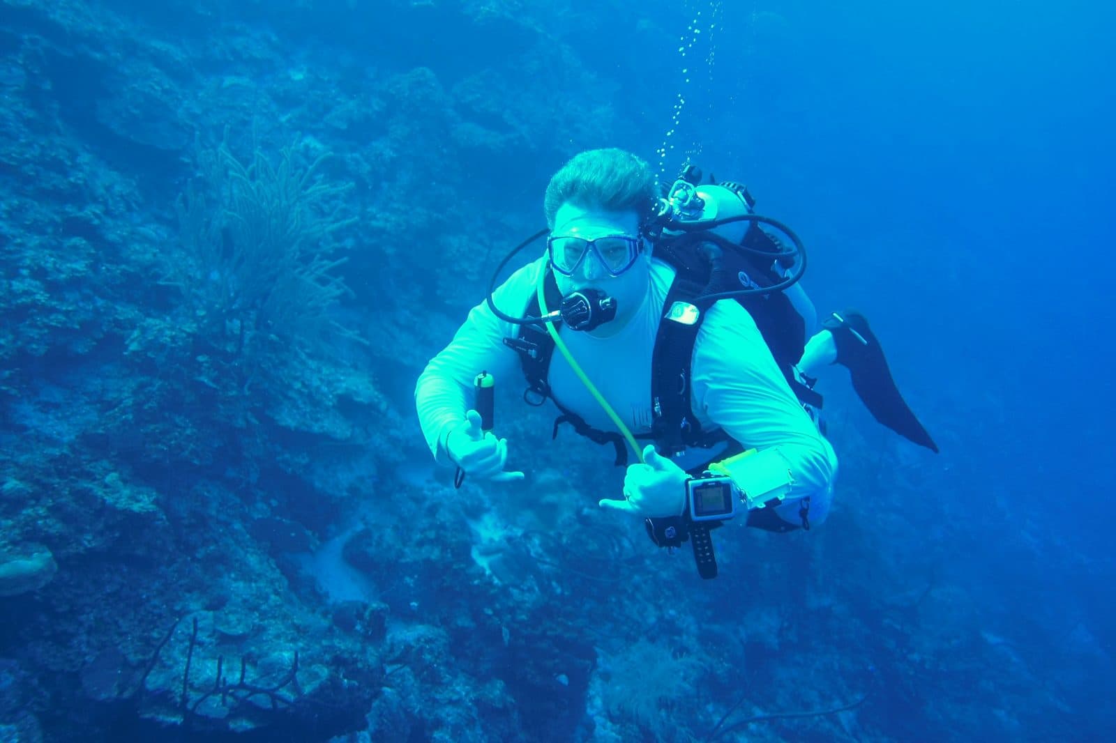 Burk scuba diving along a reef wall