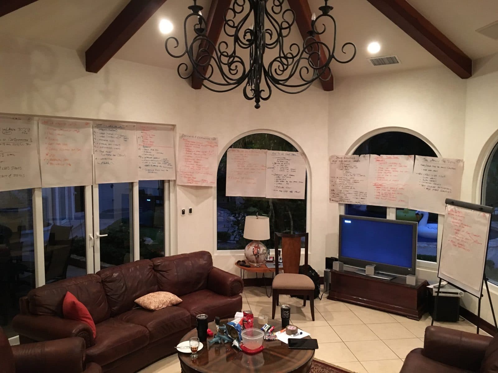 Retreat working session, plans covering the walls of a villa